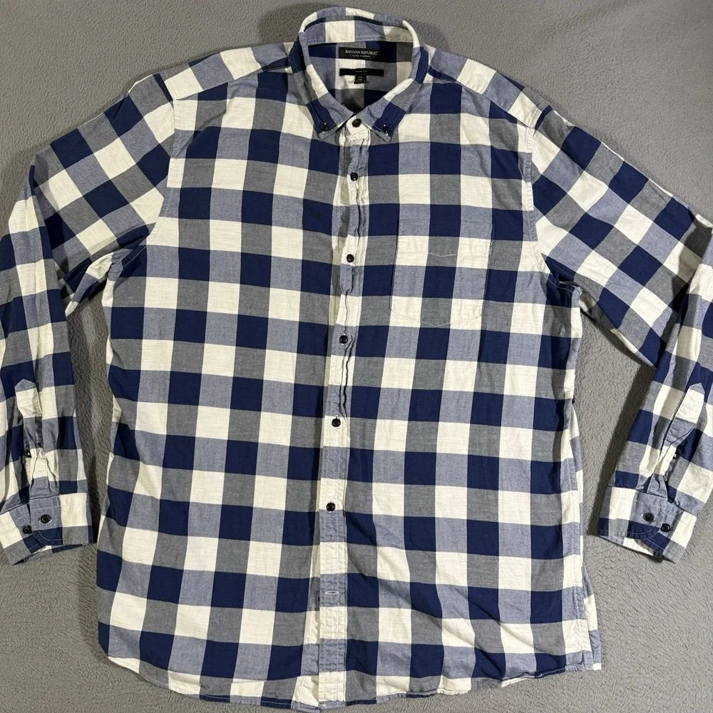Banana Republic Luxe Flannel Shirt XXL Blue White‎ Check Plaid Slim Fit